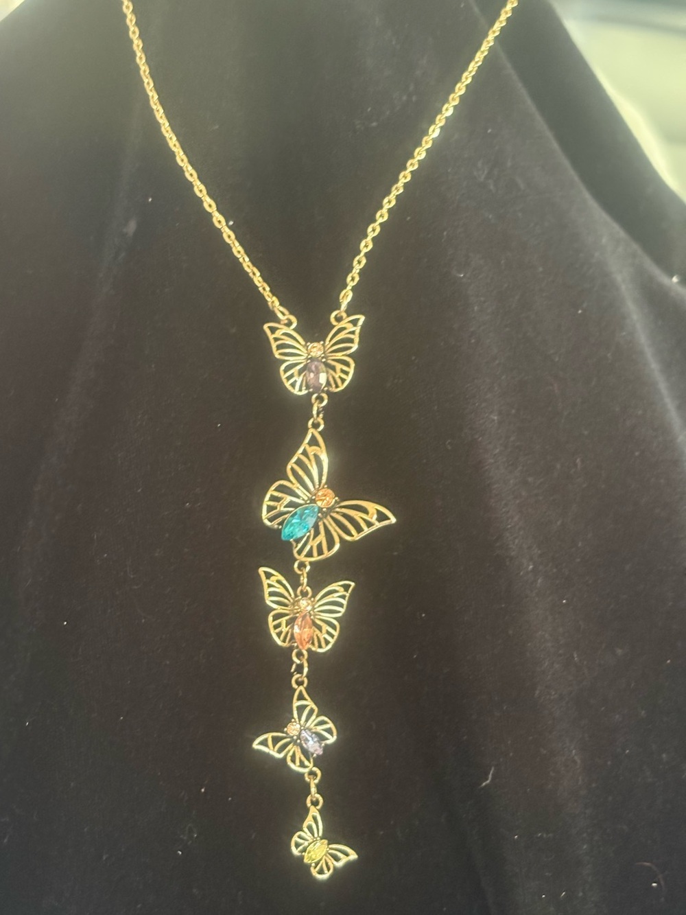 Gold Butterfly Drop Necklace with Multicolor Stones - Women Jewelry